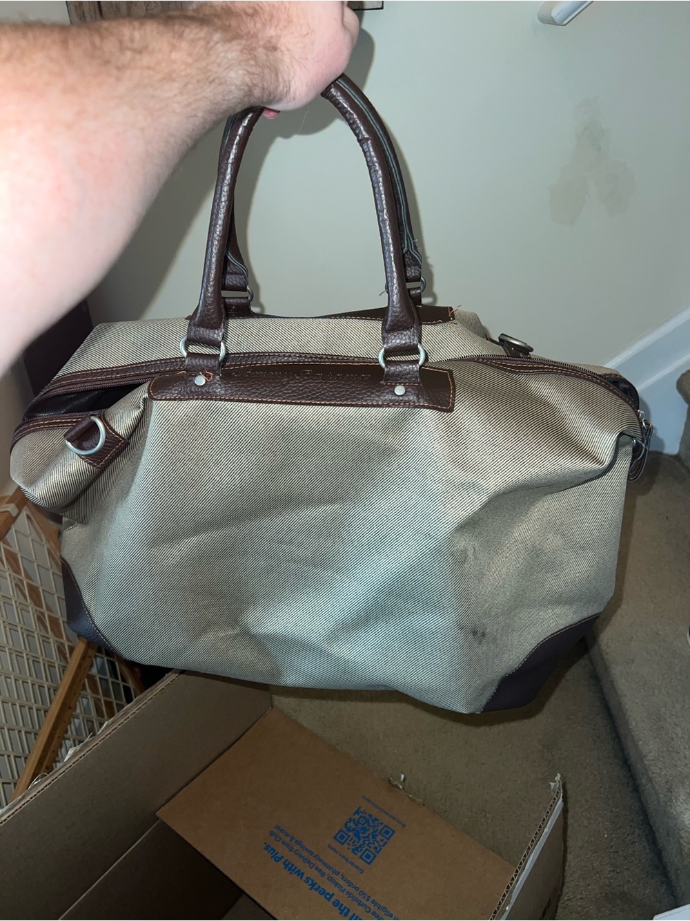 Tommy Bahama Tan and Brown Canvas Duffel Bag